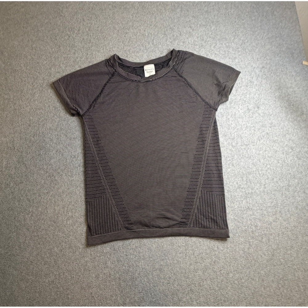 Athleta Momentum Seamless Tee XS‎ Black White Striped Short Sleeve Running Shirt